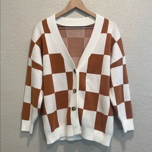 Checkerboard Size Medium V-neck Button-down Knit Cardigan Sweater